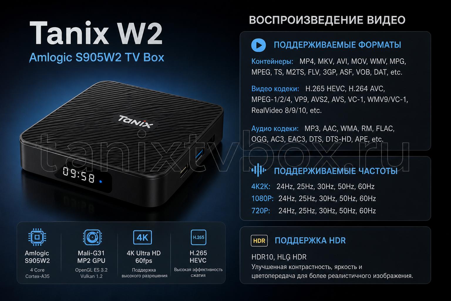 Tanix W2 Amlogic S905W2 TV Box. Воспроизведение видео: форматы, частоты, HDR Tanix W2 Amlogic S905W2 TV Box. Воспроизведение видео: форматы, частоты, HDR