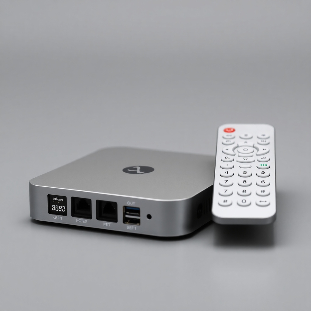 exploring - sleek and modern TV box design with multiple ports for connectivity, compact size, minimalist remote control with