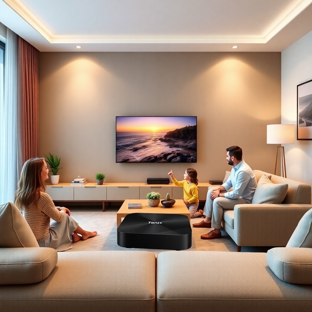 exploring - home entertainment setup with Tanix Amlogic S905w2 TV Box, comfortable living room environment, family watching T