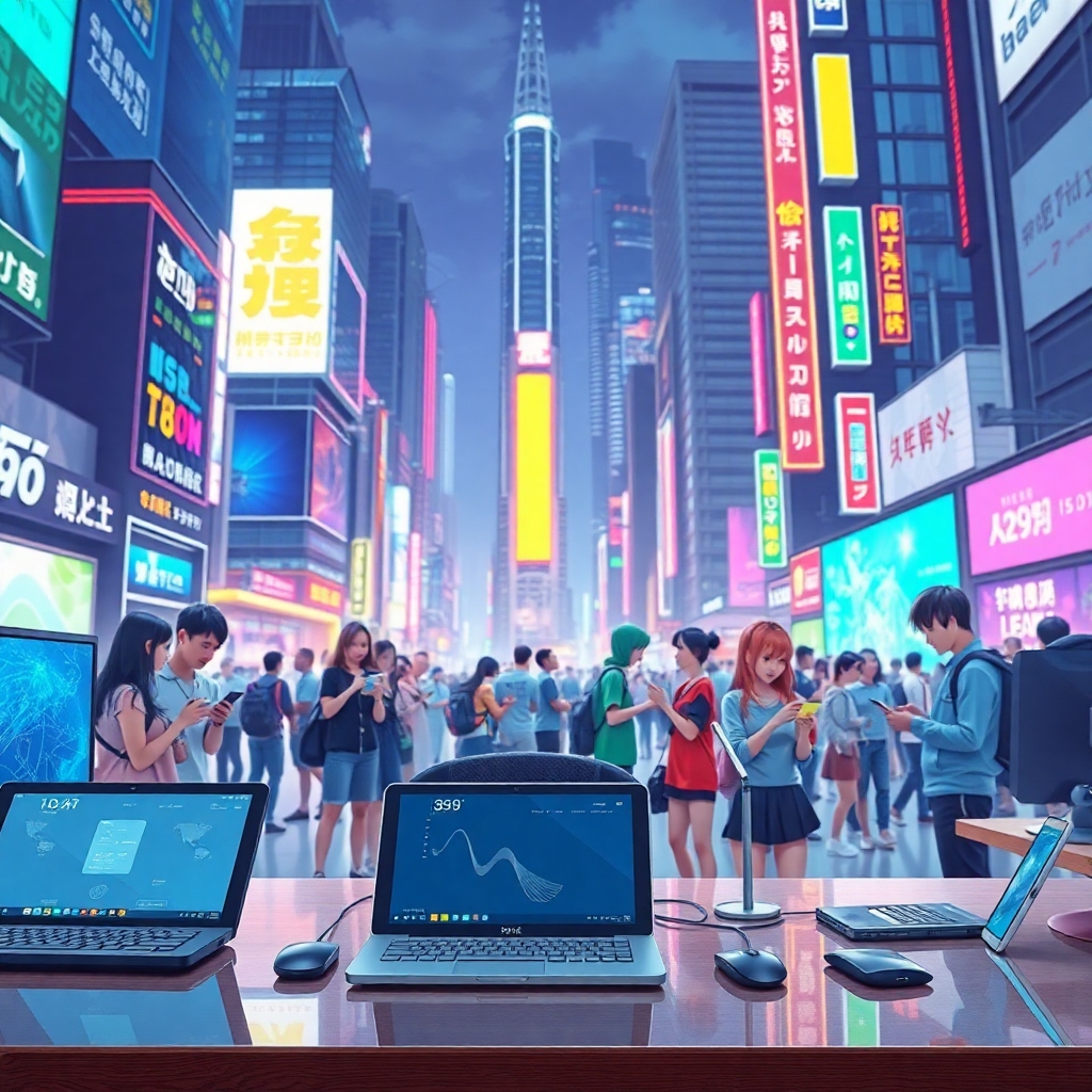 unleashing - sleek and modern tech devices on a desk, futuristic cityscape with neon lights and digital screens, diverse grou