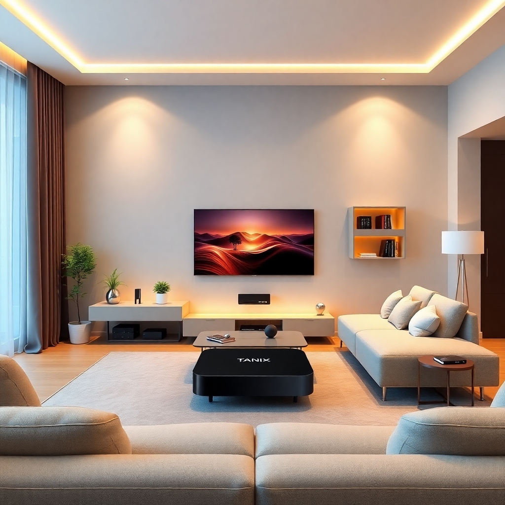unleashing - modern living room setup with Tanix Amlogic S905w2 TV box, sleek design, and vibrant display, cozy sofa and ente