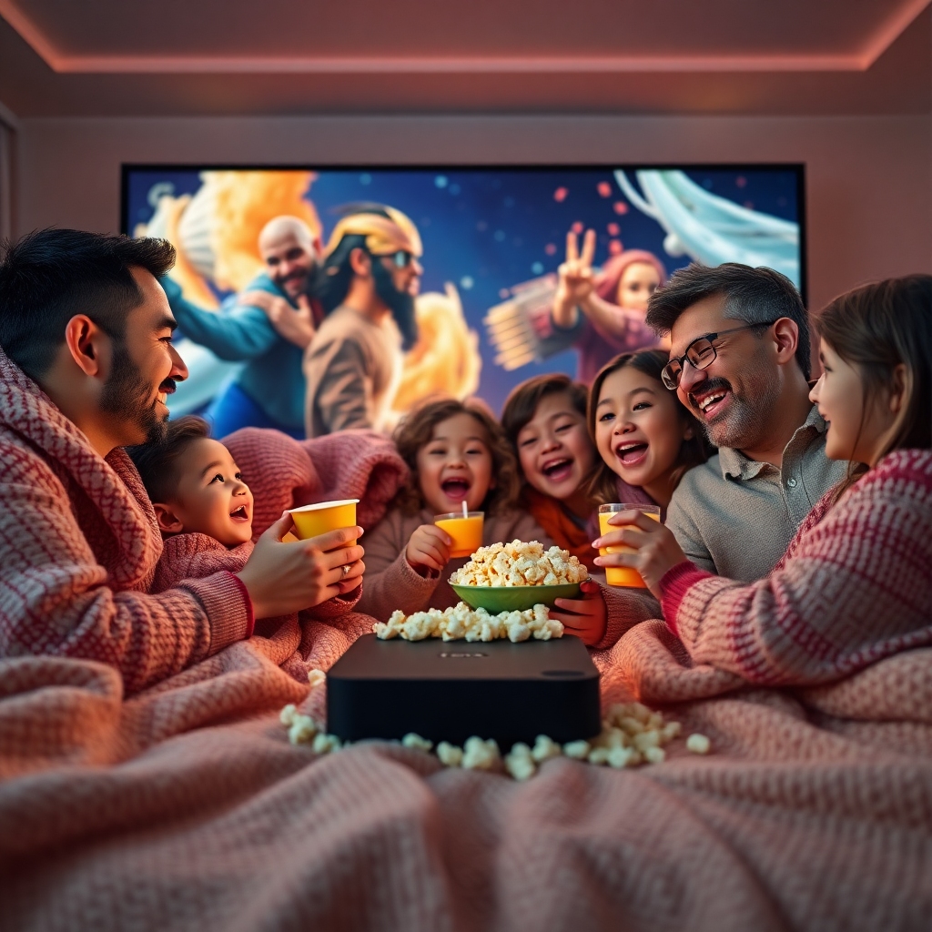 unleashing - family enjoying movie night with Tanix Amlogic S905w2 TV box, cozy blankets and popcorn, immersive sound system