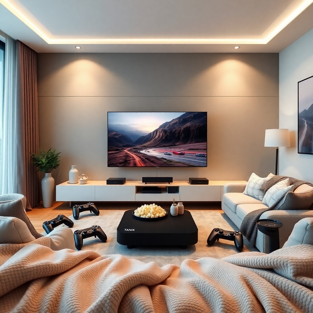 unleashing - Modern living room with Tanix Amlogic S905w2 connected to a large TV, surrounded by gaming controllers, popcorn,