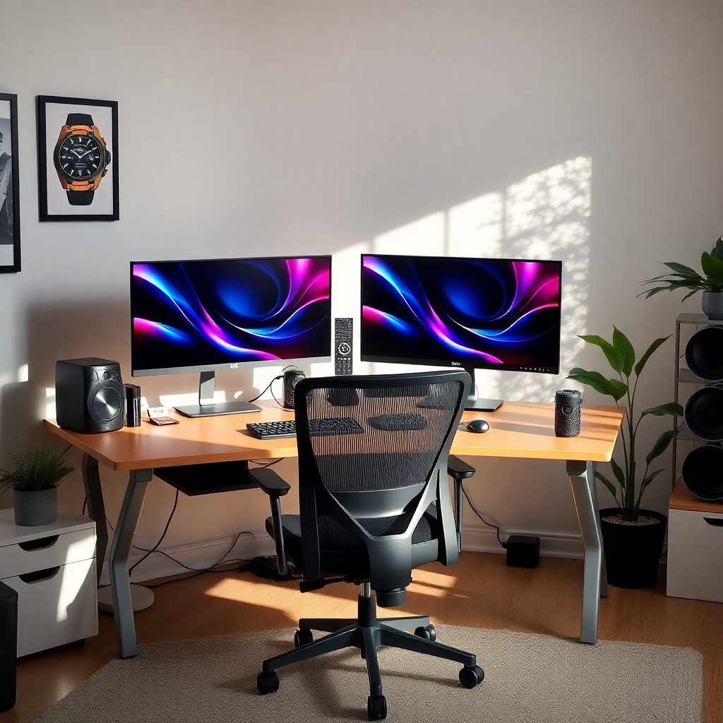 unleashing - Home office setup with Tanix Amlogic S905w2, dual monitors, ergonomic chair, and natural lighting for productivi