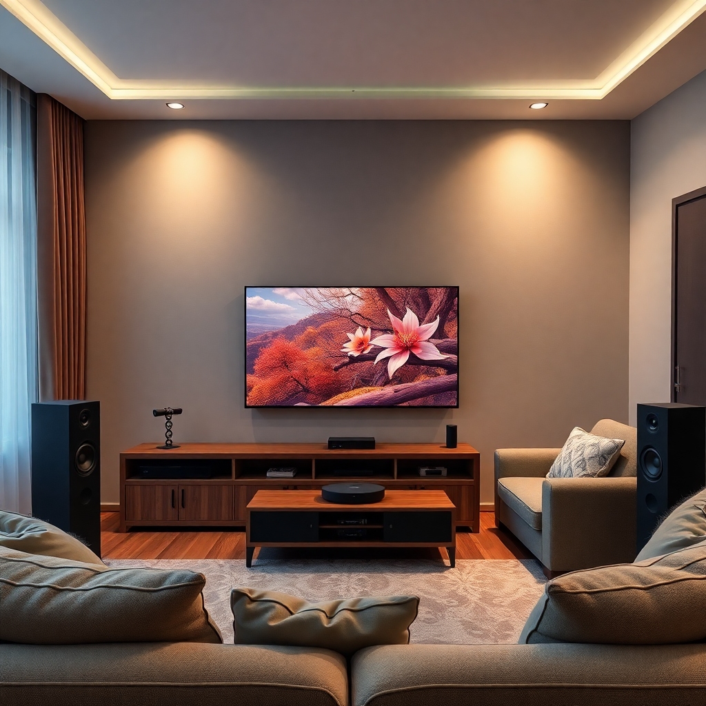 unleashing - Home entertainment setup with Tanix Amlogic S905w2, smart TV, surround sound speakers, and cozy seating for movi