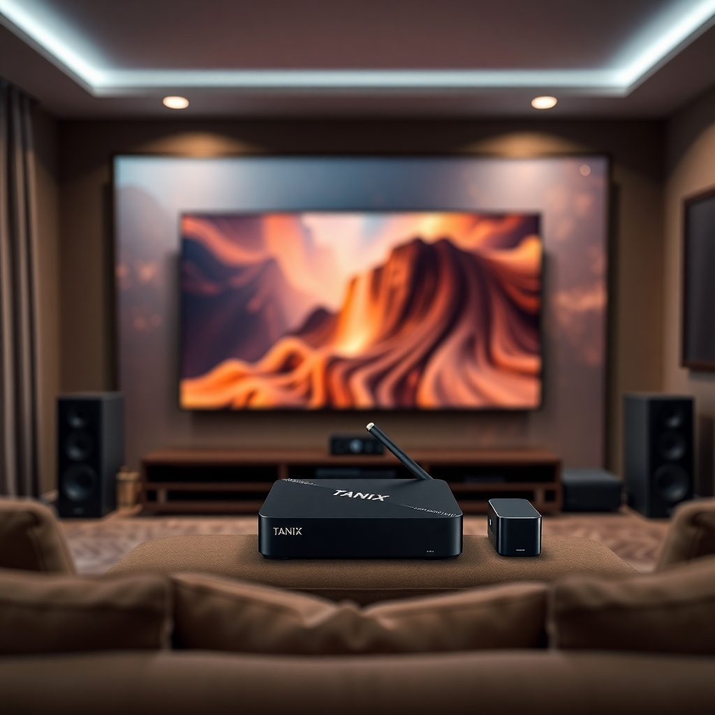 exploring - home theater setup with Tanix Amlogic S905w2 TV box, surround sound system, and large screen TV, immersive viewin