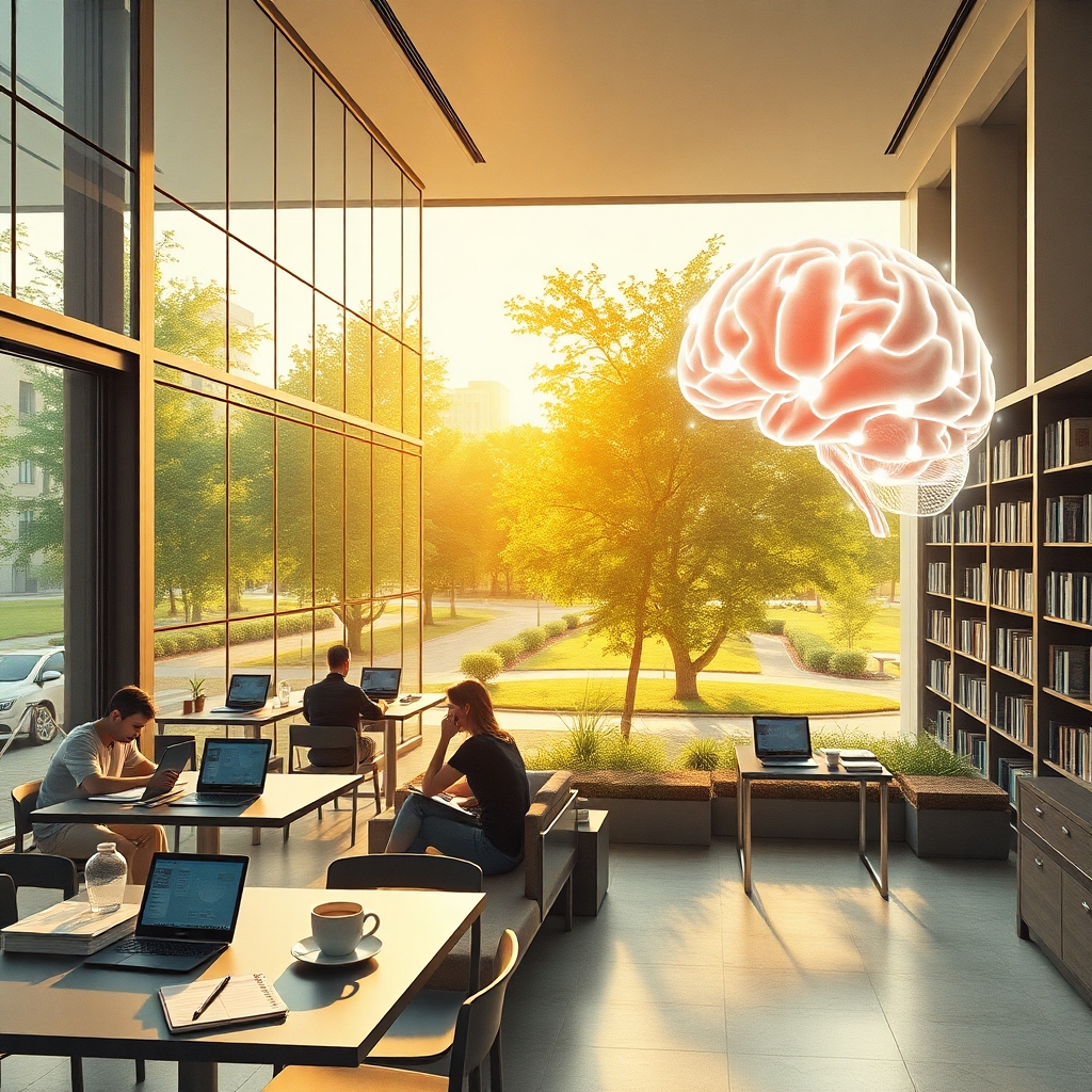 tanix - modern office with glass walls and people working on laptops, cozy Italian café terrace with coffee cups and noteboo