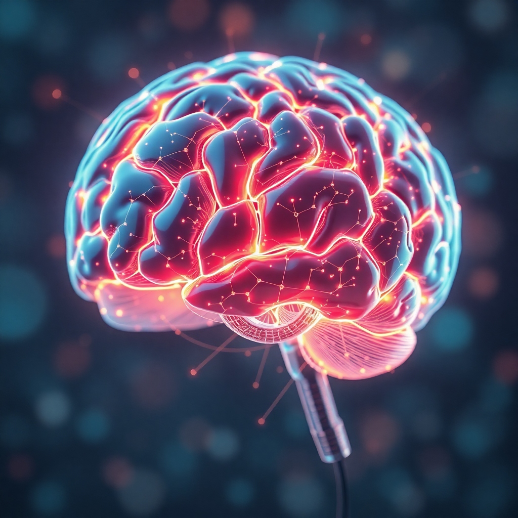 unleashing - futuristic AI holographic brain with neon lights, ultra realistic, 8k quality
