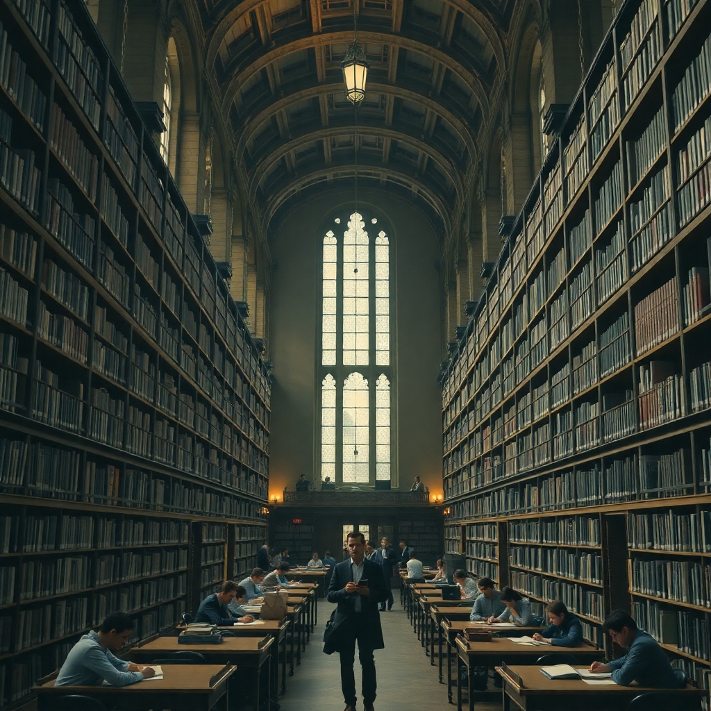 unleashing - cinematic atmosphere, highly detailed, photorealistic, university library with tall bookshelves and students stu