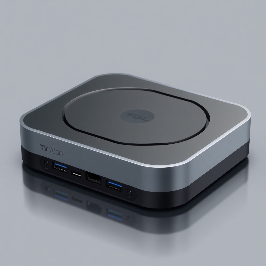tanix - sleek and modern TV box with multiple ports, minimalist design, and compact size, futuristic technology concept, blac