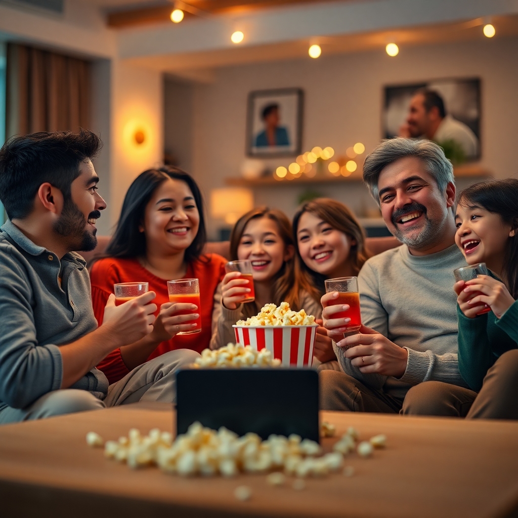 family enjoying a movie night with Tanix Amlogic S905w2, cozy living room setup, popcorn and drinks, happy faces, warm lighti