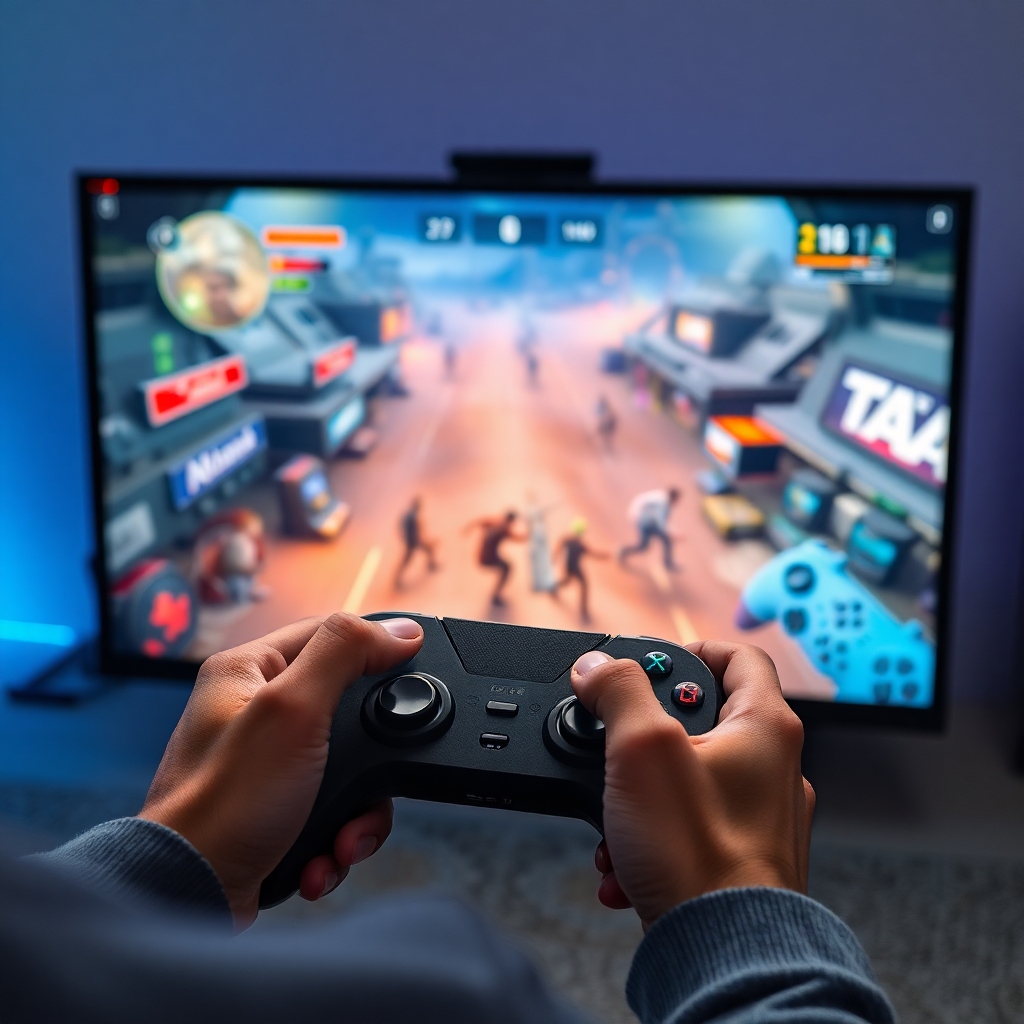 person using Tanix Amlogic S905w2 for gaming, wireless controller in hand, intense gameplay on screen, immersive experience,
