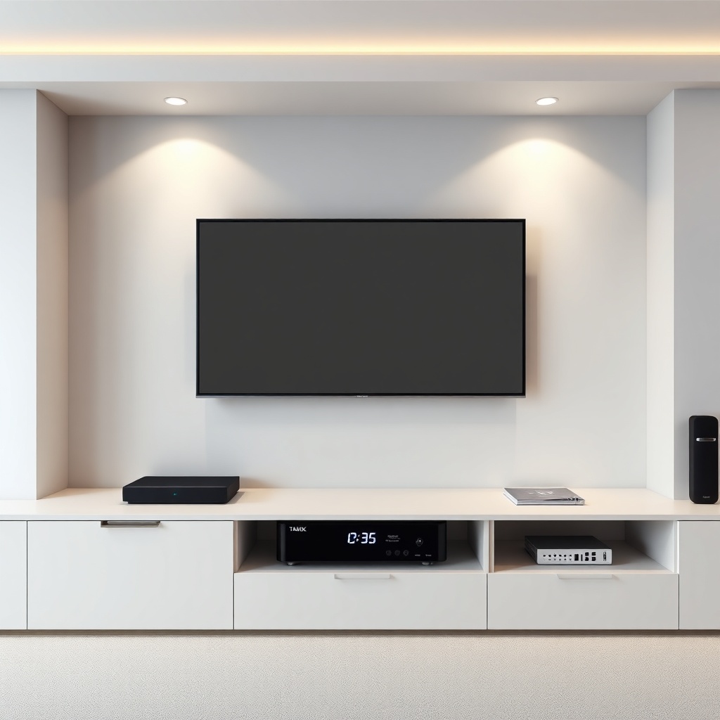 sleek and compact Tanix Amlogic S905w2 TV box on a modern entertainment center, minimalist design with LED display and multip