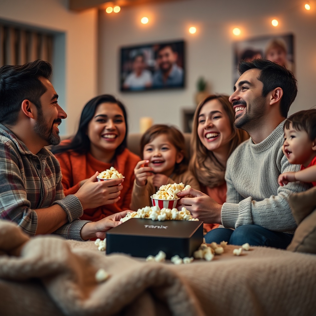 family enjoying a movie night with Tanix Amlogic S905w2 TV box, cozy living room setup with comfortable seating and popcorn,
