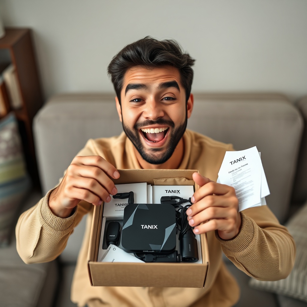happy customer unboxing Tanix Amlogic S905w2 TV box, excitement and anticipation in the air, high-quality packaging with mode