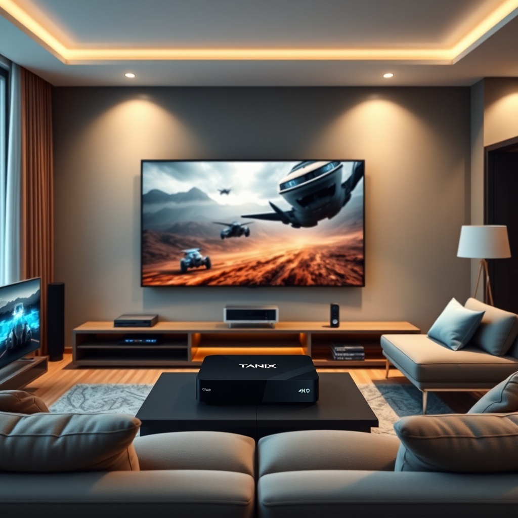exploring - Sleek and modern home entertainment setup with Tanix Amlogic S905w2 TV Box, large 4K TV, gaming console, and comf