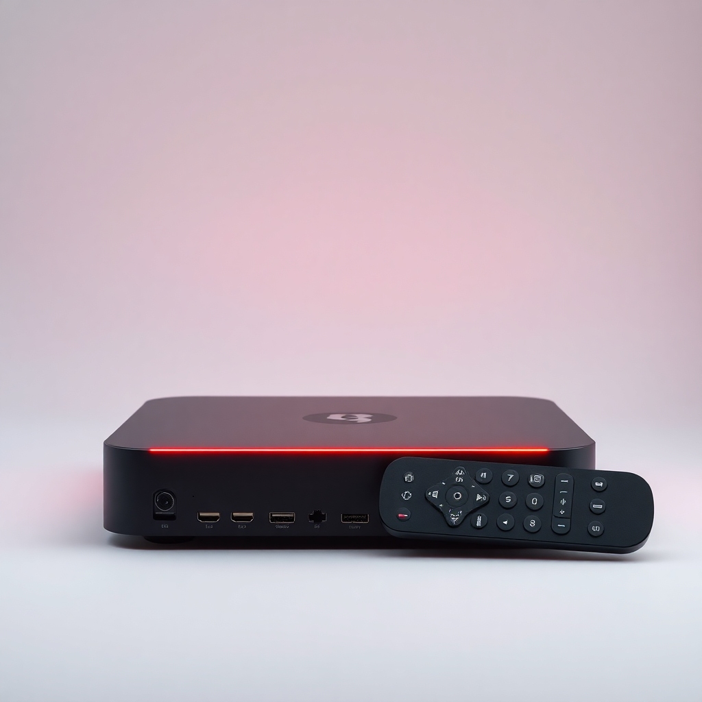unleashing - sleek and modern TV box design with LED lights, multiple connectivity ports, and a remote control with voice com