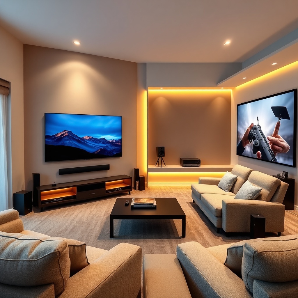 unleashing - high-definition streaming setup with a smart TV, soundbar, and Tanix Amlogic S905w2 TV box connected, cozy livin