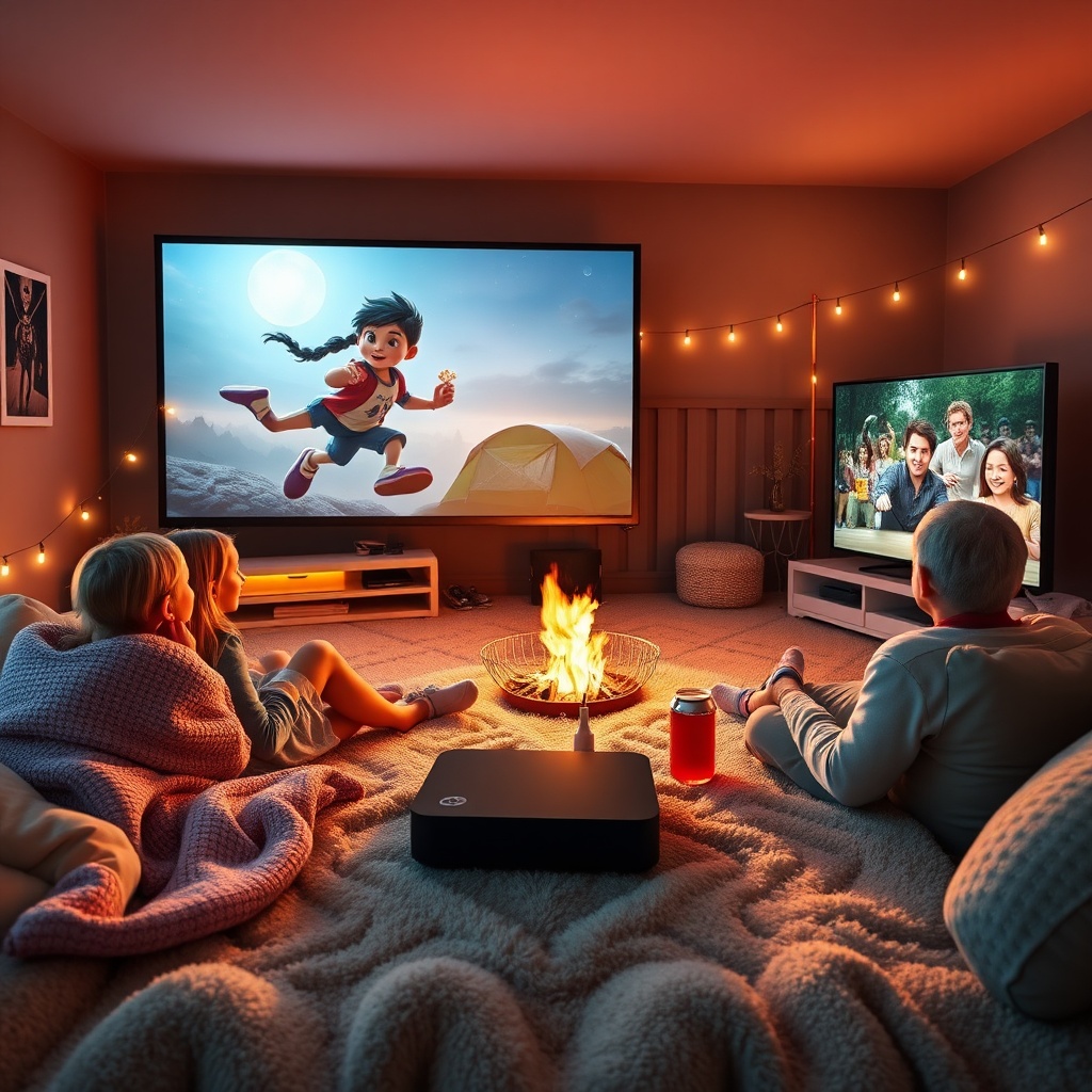 unleashing - family movie night setup with popcorn, drinks, and the Tanix Amlogic S905w2 TV box playing a blockbuster movie o