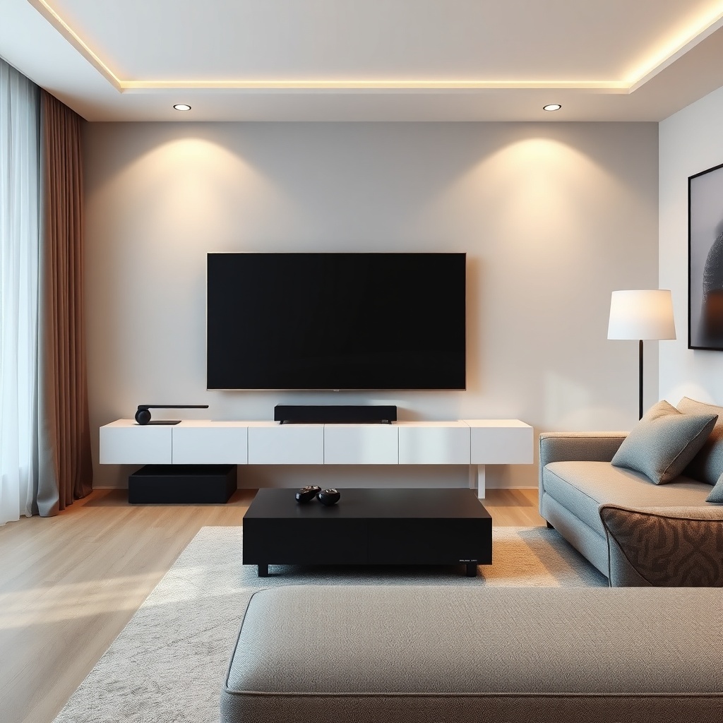 tanix - modern living room with a sleek TV box connected to a large flat-screen TV, cozy sofa, and remote control