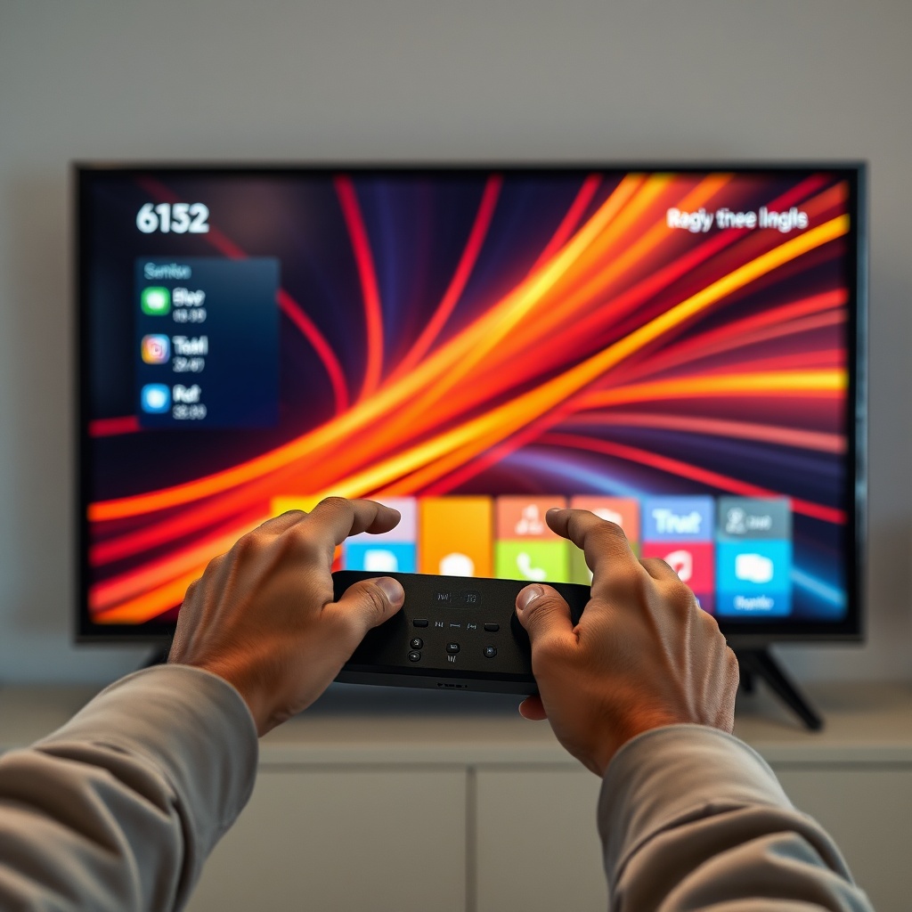 hands holding a remote control, navigating through the Tanix Amlogic S905w2 interface on the TV screen