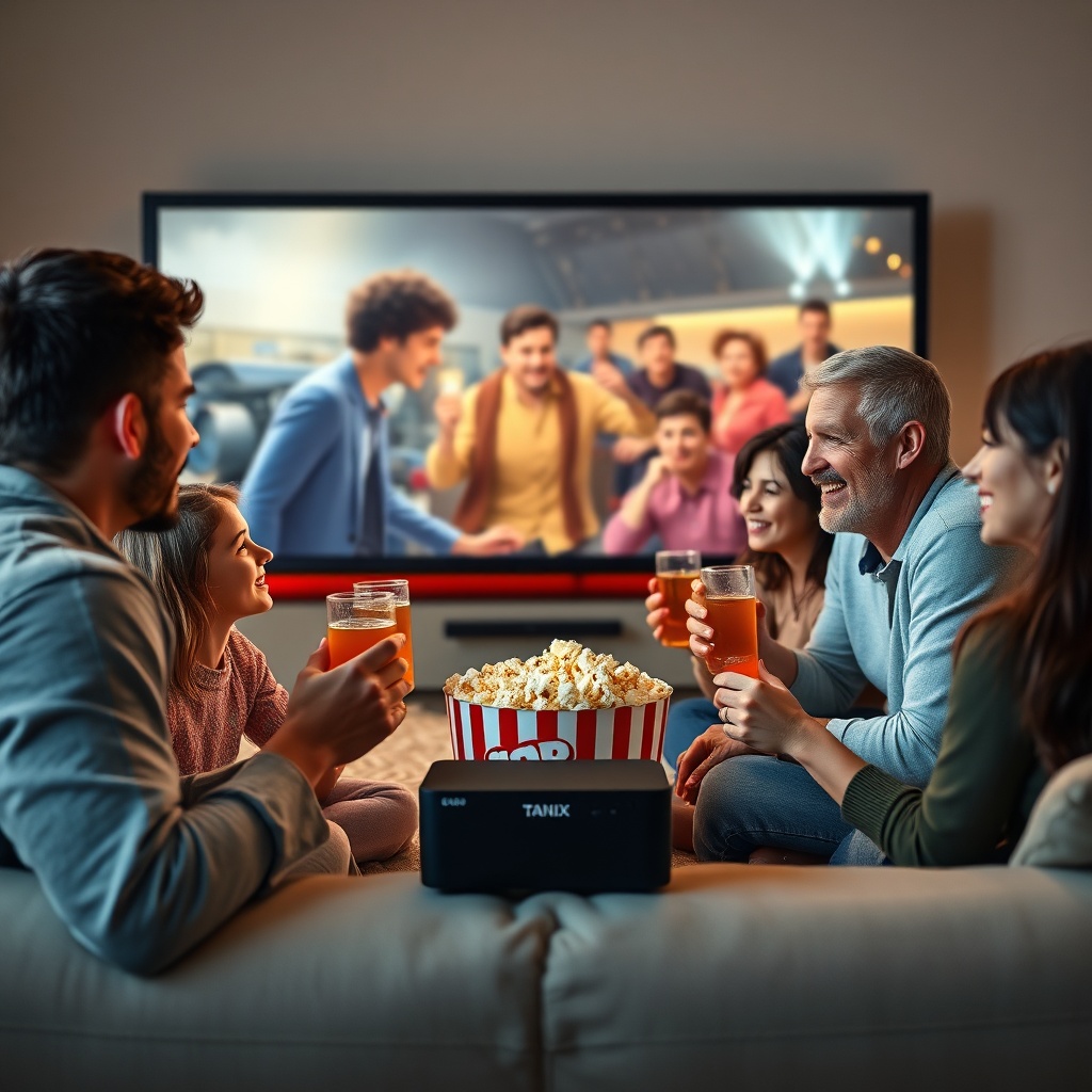 family enjoying a movie night with popcorn and drinks, using the Tanix Amlogic S905w2 for streaming their favorite film on th