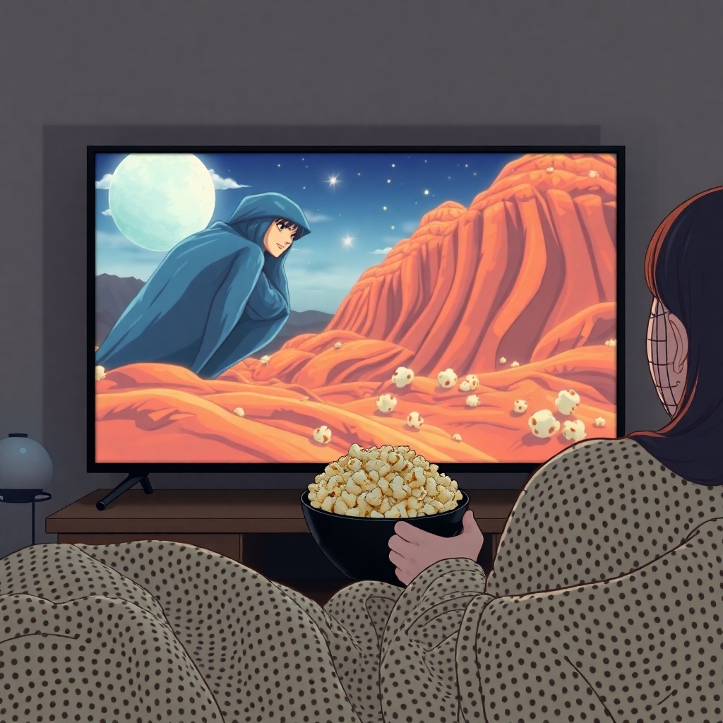 person streaming 4K content on a TV using the Tanix Amlogic S905w2, with a bowl of popcorn and a cozy blanket