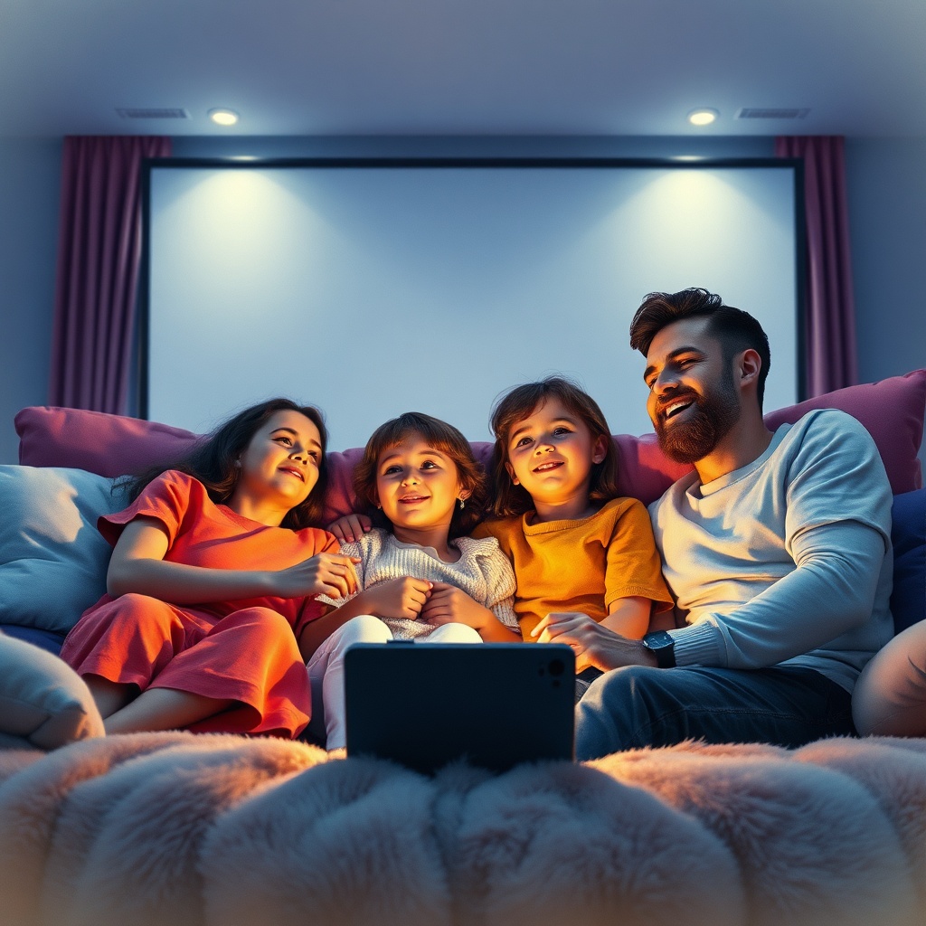 family enjoying a movie night with the Tanix Amlogic S905w2, surrounded by plush cushions and dim lighting