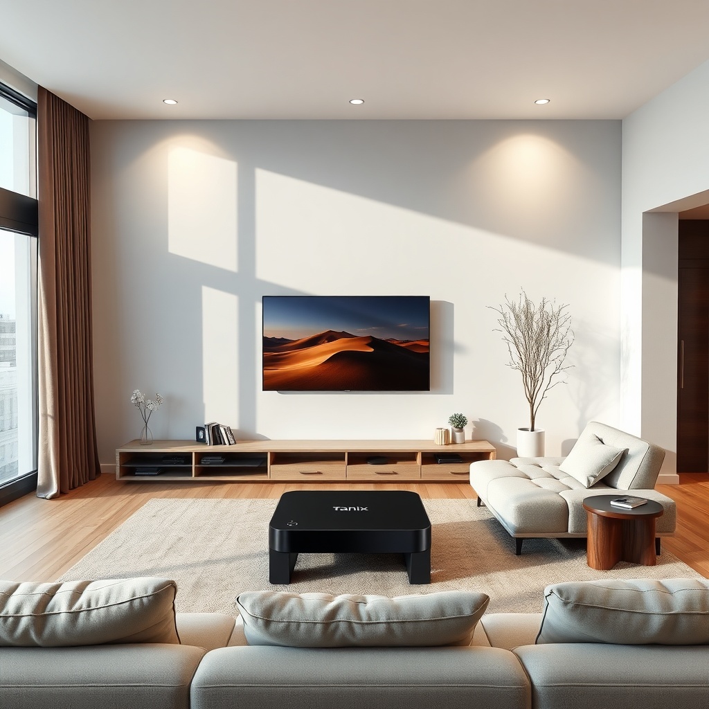 sleek modern living room with Tanix Amlogic S905w2 TV Box connected to a large screen TV, minimalist design, and cozy atmosph