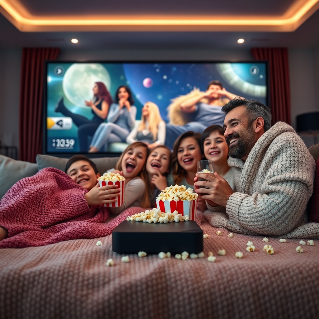 family enjoying movie night with Tanix Amlogic S905w2 TV Box, popcorn, and cozy blankets in a home theater setup