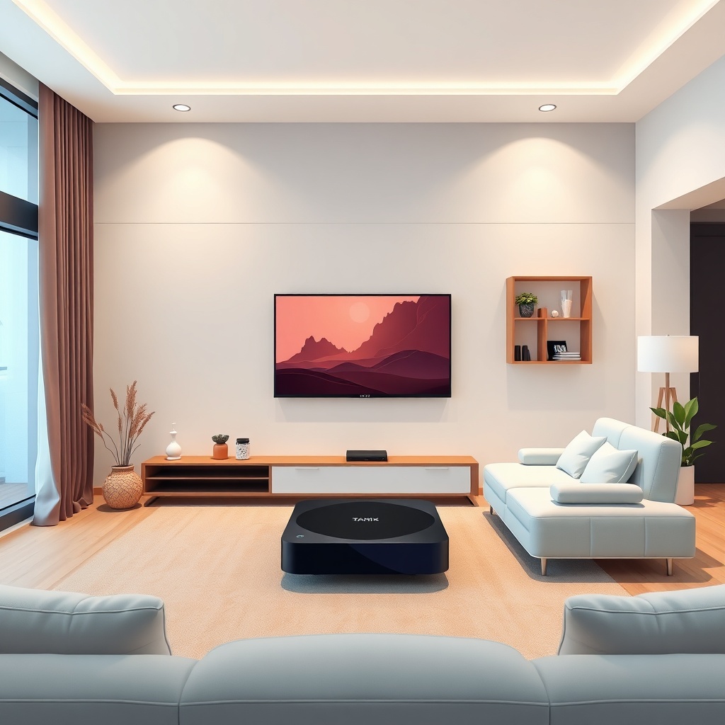 modern living room with Tanix Amlogic S905w2 TV Box, smart home integration, voice control, and futuristic design