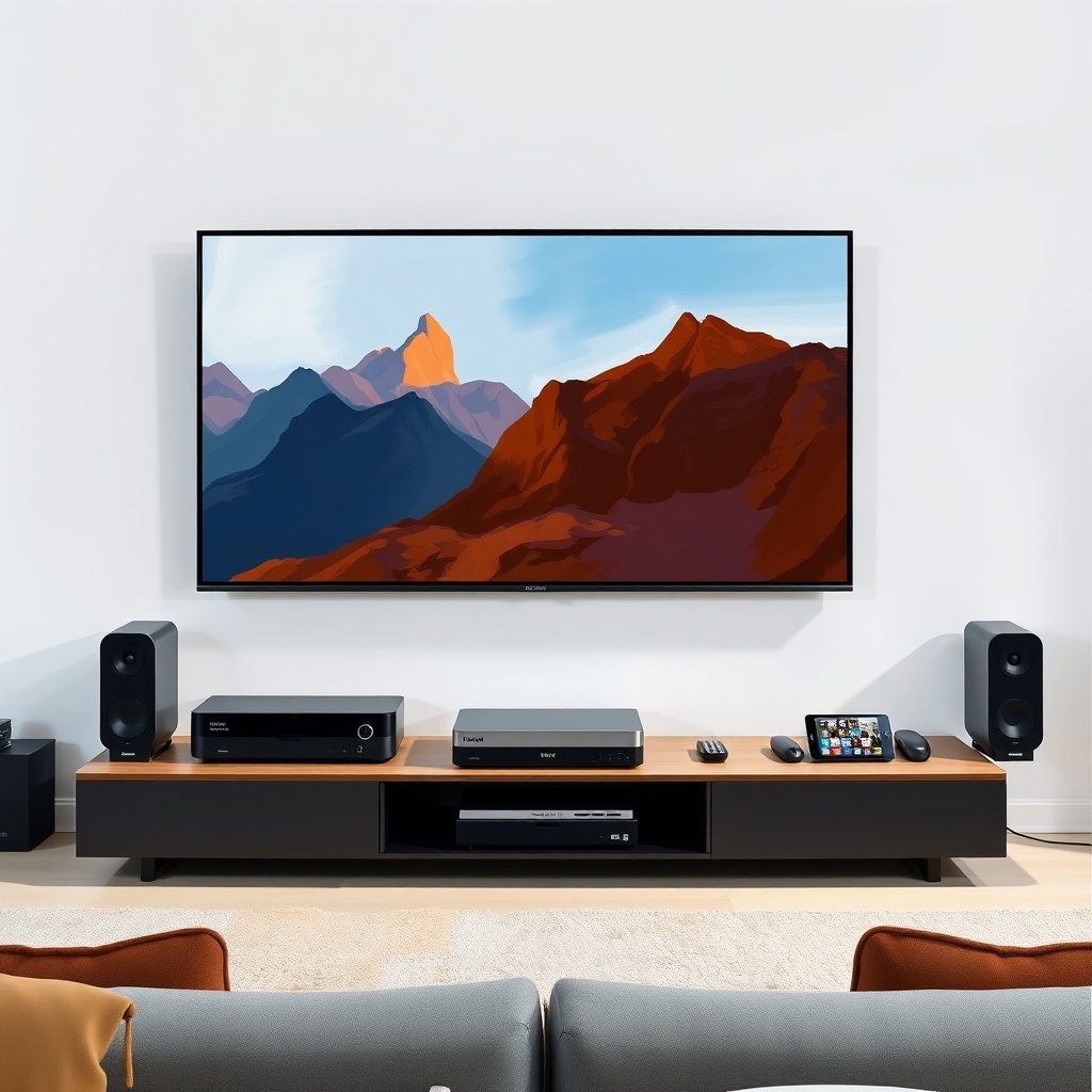 unveiling - high-definition streaming setup with sleek entertainment center and multiple devices connected wirelessly