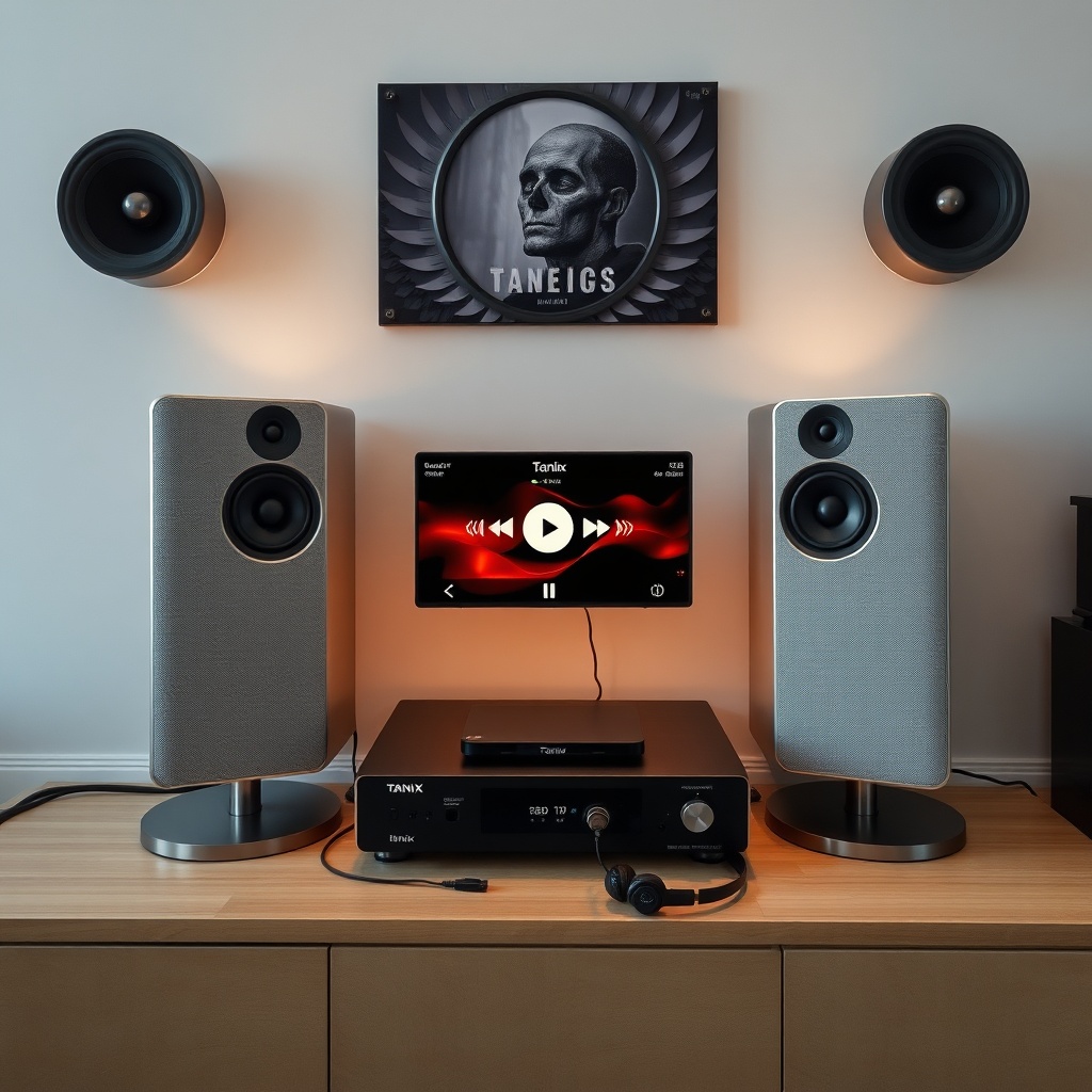 unveiling - music listening station with Tanix Amlogic S905w2 connected to premium speakers and stylish headphones